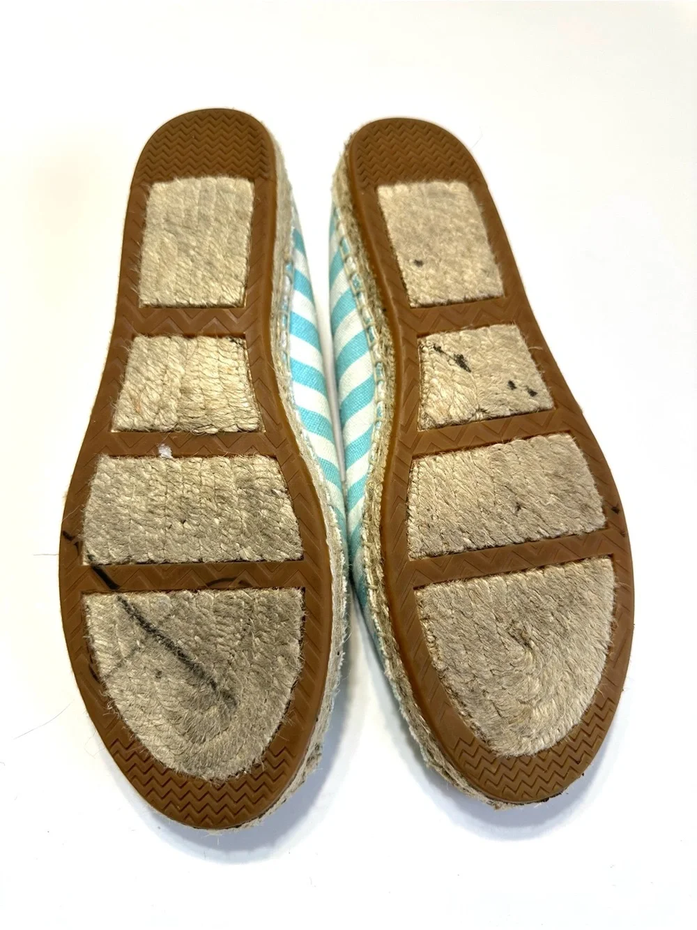 Talbots Striped Aqua & White Espadrille Slip-Ons with Pink Crab Embroidery